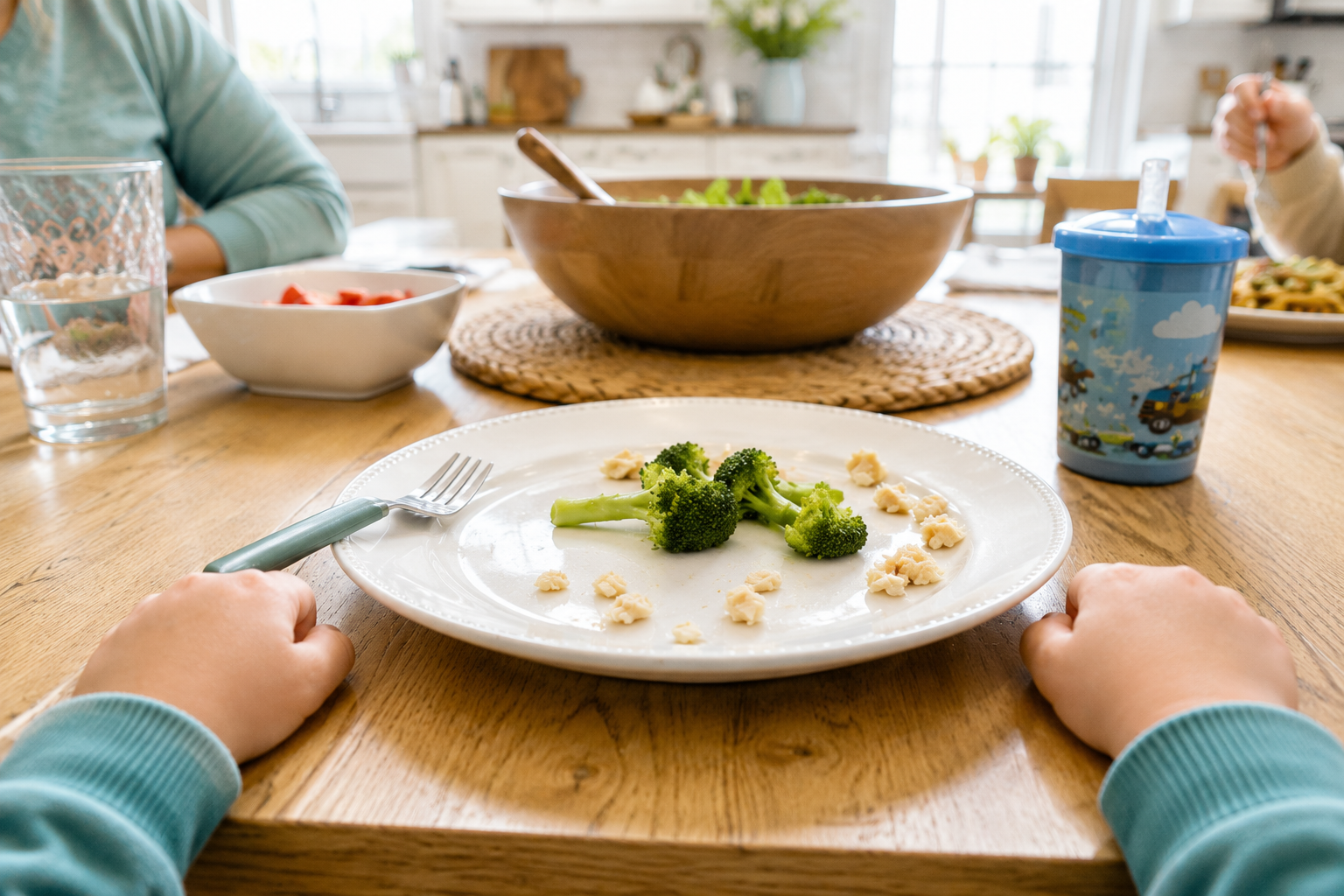A child sitting at the dinner table with an uneaten plate of food during a family meal.