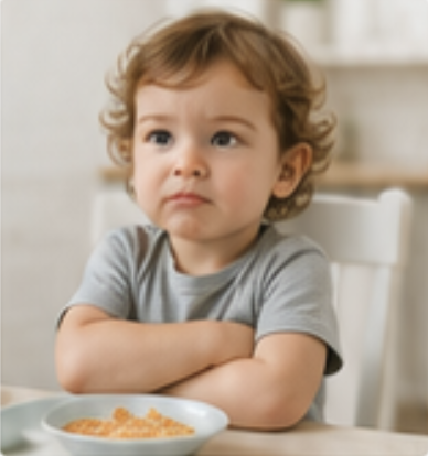 Young child sitting at a kitchen table during mealtime, illustrating common picky eating challenges and toddler food refusal.
