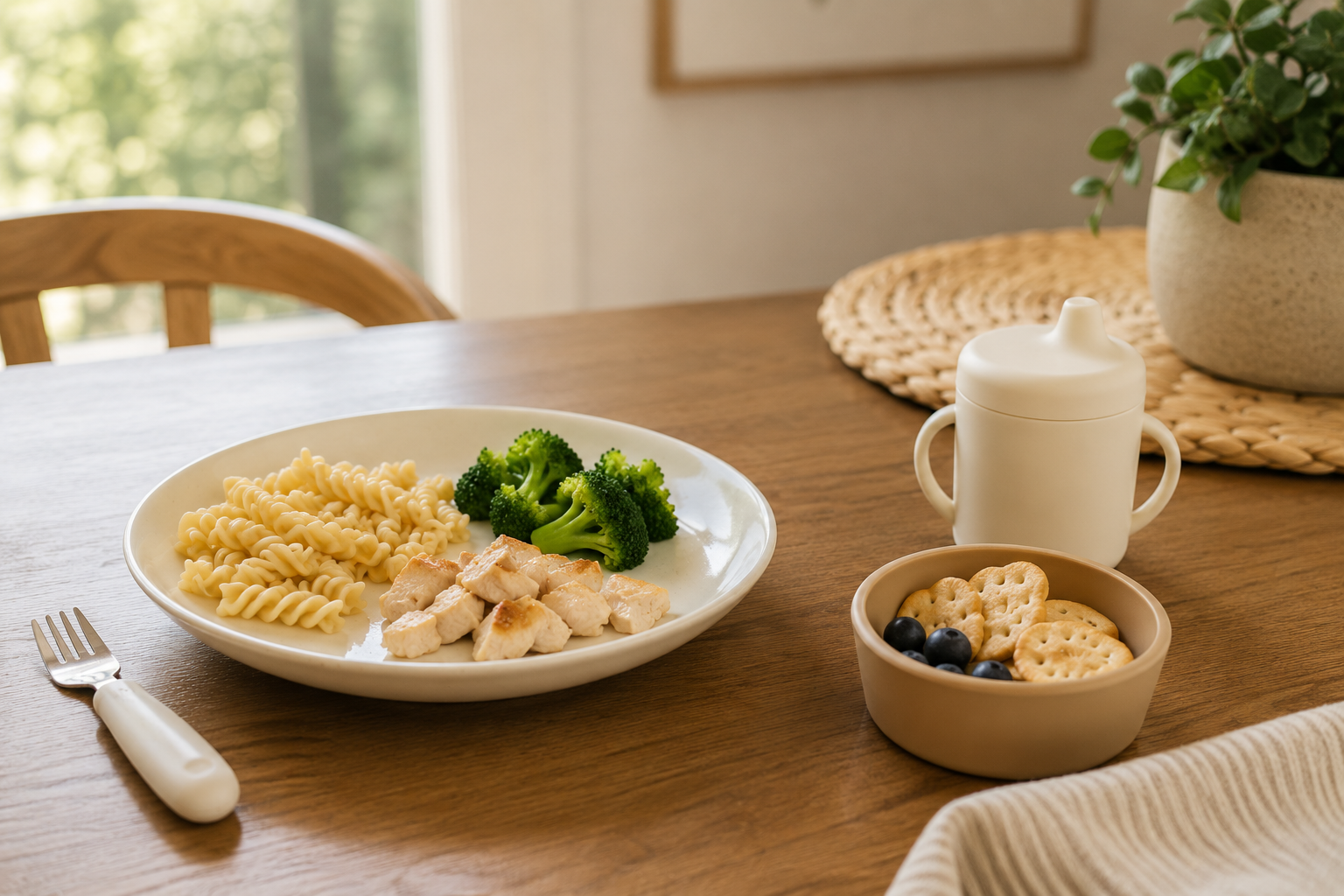 Untouched toddler dinner beside a small bowl of Goldfish crackers, illustrating why some children eat snacks but refuse dinner.